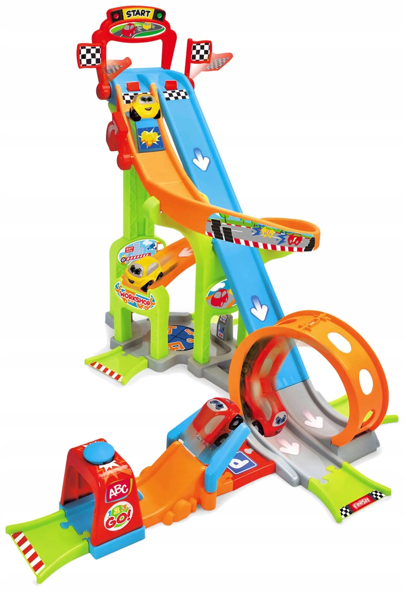 DICKIE TOYS ABC JAYS JUMP AND FUN TOWER didelis lenktynių trasos garažas su kilpa, paleidimo įrenginiu ir 2 automobiliais