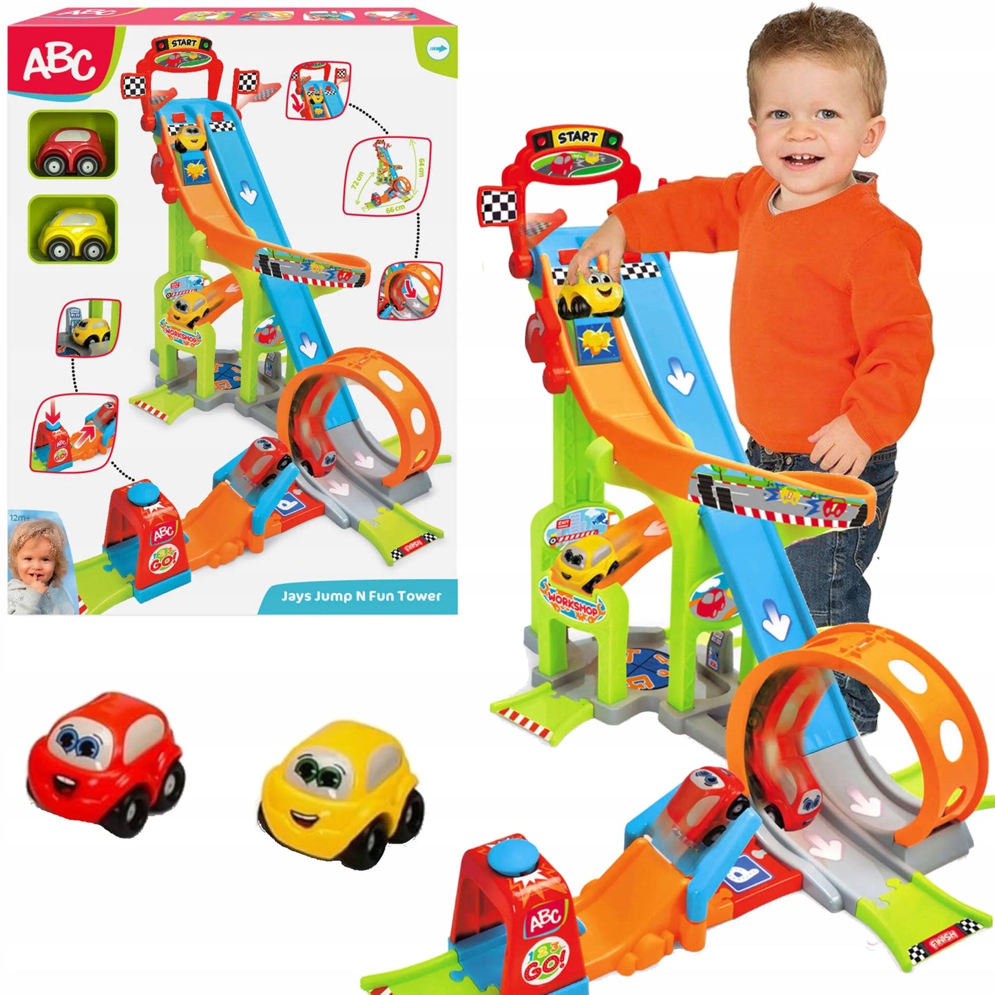 DICKIE TOYS ABC JAYS JUMP AND FUN TOWER didelis lenktynių trasos garažas su kilpa, paleidimo įrenginiu ir 2 automobiliais