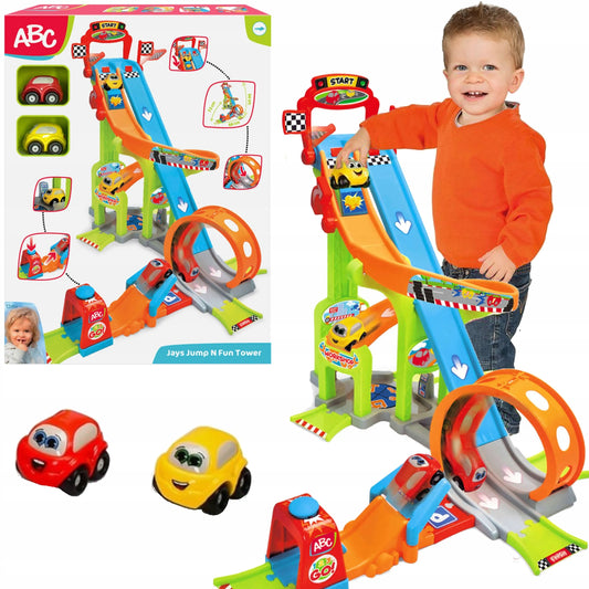 DICKIE TOYS ABC JAYS JUMP AND FUN TOWER didelis lenktynių trasos garažas su kilpa, paleidimo įrenginiu ir 2 automobiliais