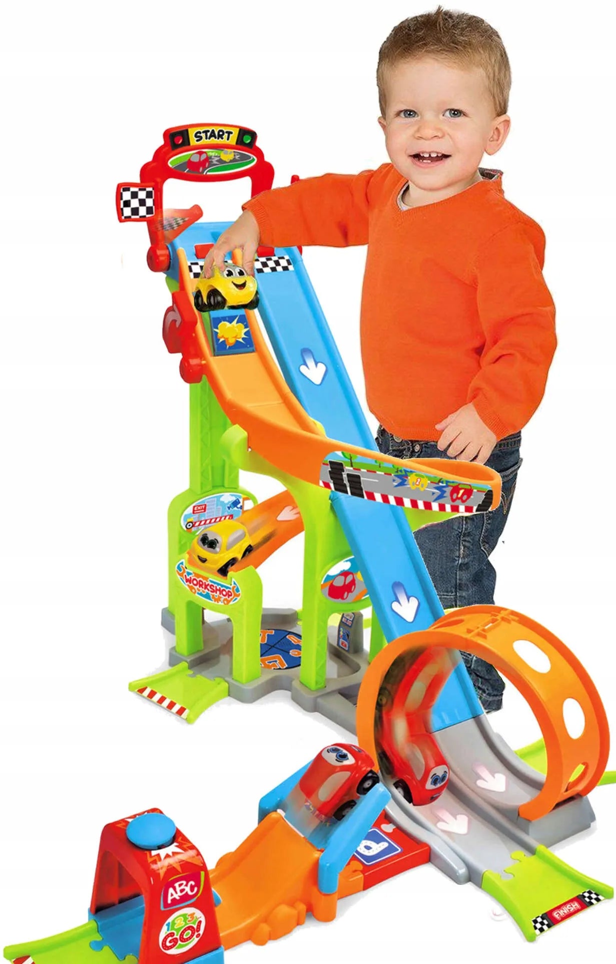 DICKIE TOYS ABC JAYS JUMP AND FUN TOWER didelis lenktynių trasos garažas su kilpa, paleidimo įrenginiu ir 2 automobiliais