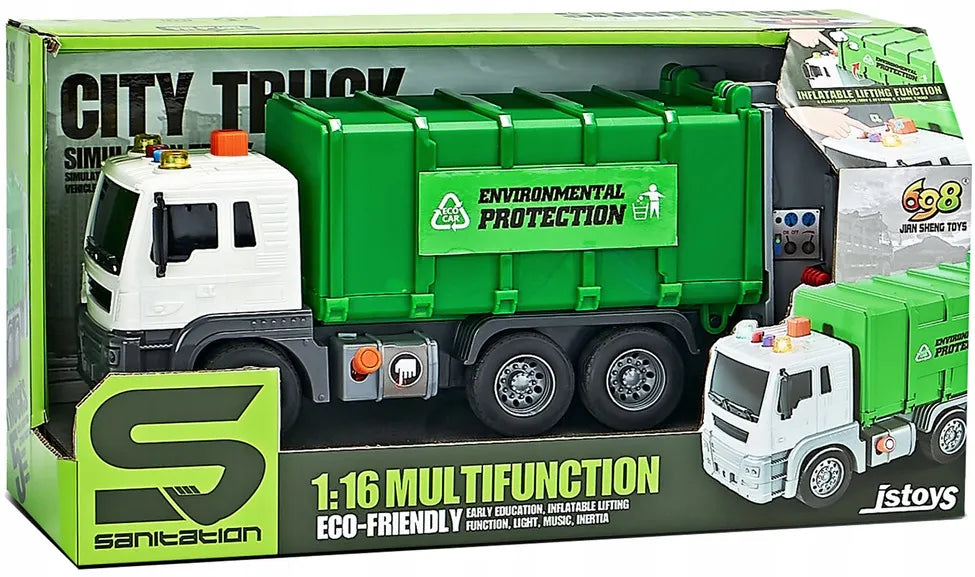 Didelis šiukšliavežis su konteineriais miesto automobilis su šviesomis ir garsais