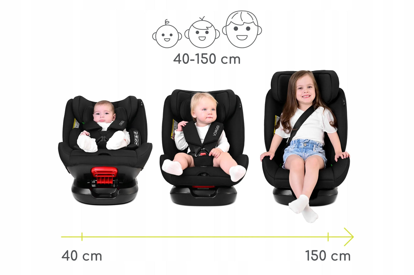 I-SIZE automobilinė kėdutė diržams 40-150 cm 36 kg, skirta montuoti atgal ir į priekį, su kelionine pagalve