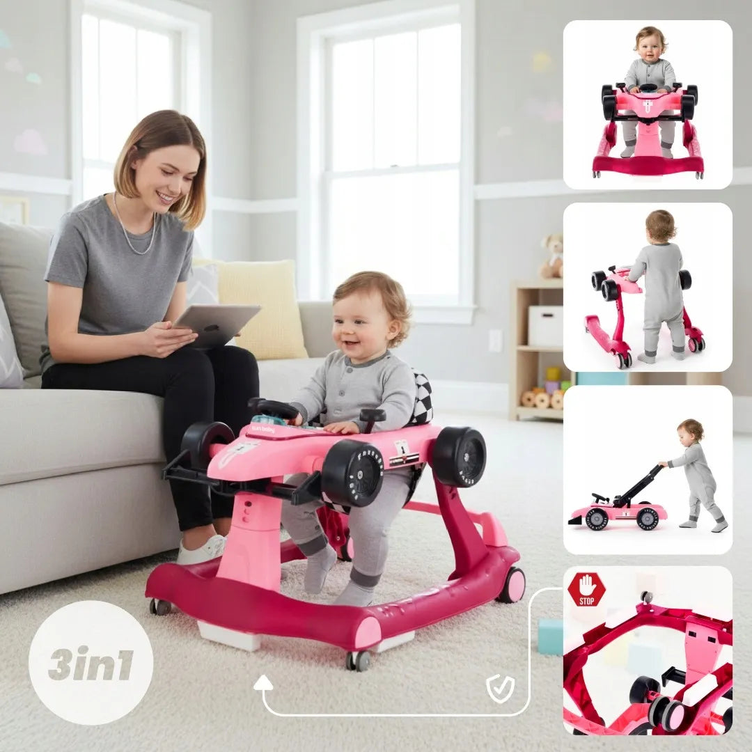 Interaktyvi kūdikių vaikštynė Sun Baby Formula 1 3-in-1 lenktyninis automobilis, rožinė