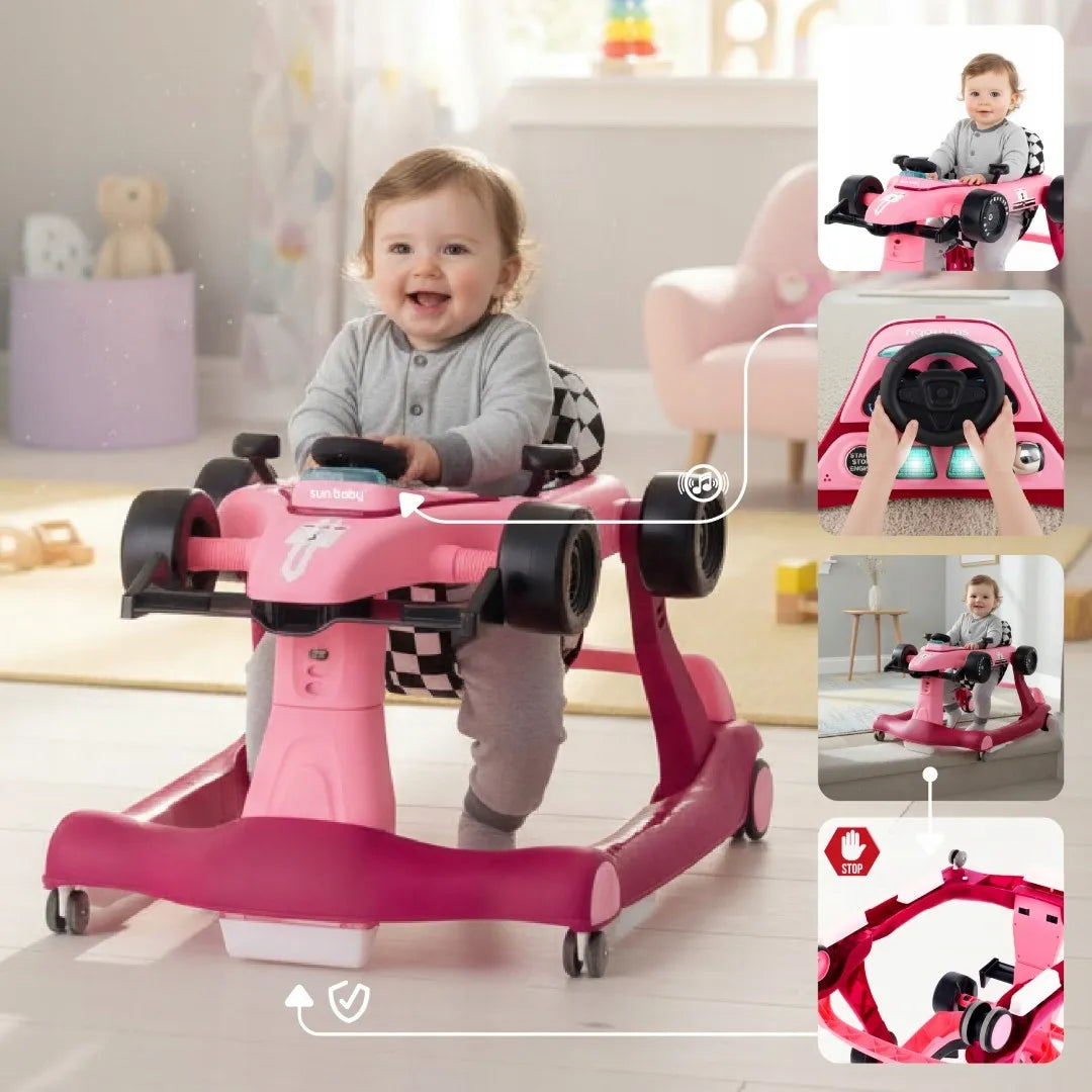 Interaktyvi kūdikių vaikštynė Sun Baby Formula 1 3-in-1 lenktyninis automobilis, rožinė