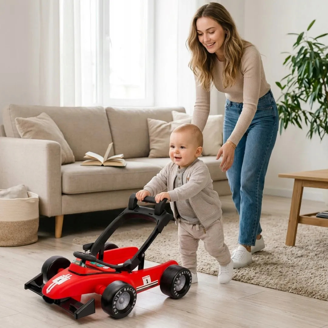 Interaktyvi vaikštynė-stumiukas Sun Baby Formulė 1 3w1, raudona