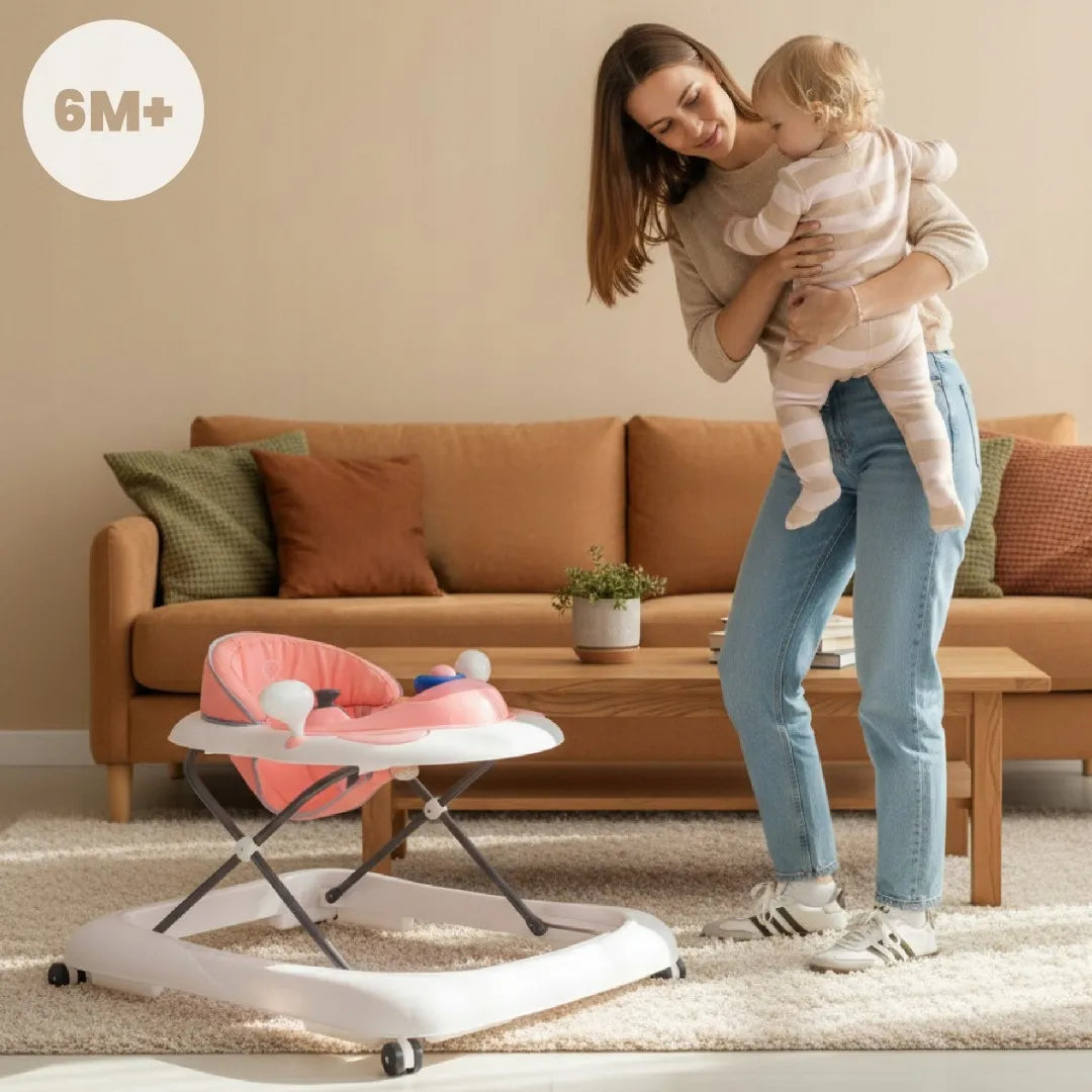 Interaktyvi vaikų vaikštynė mokymuisi vaikščioti su aukščio reguliavimu ir stabdžiais