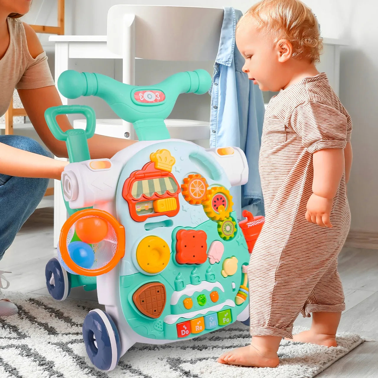 Interaktyvus stumdukas vaikams MalPlay 5in1: vaikštynė, paspirtukas, staliukas ir paspiriamas automobilis