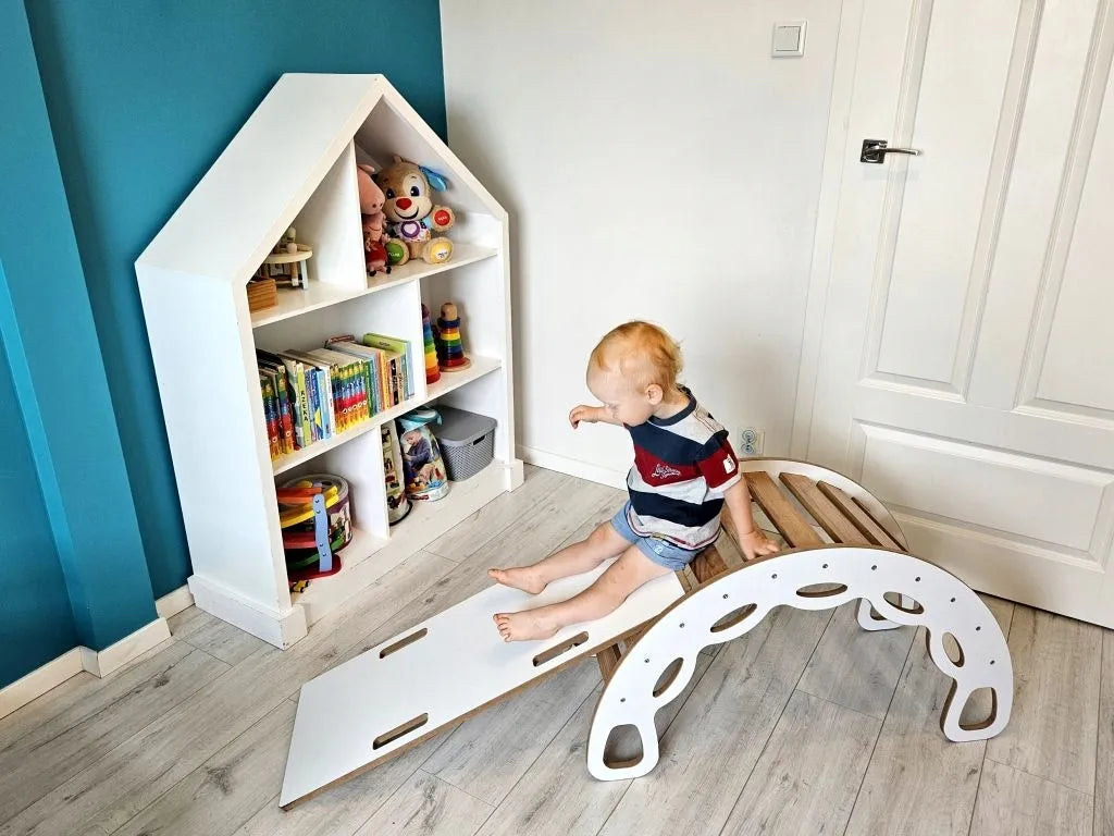 Kids Helper Montessori supynės su čiuožykla ir laipiojimo sienele BM-310, baltos/ąžuolo spalvos