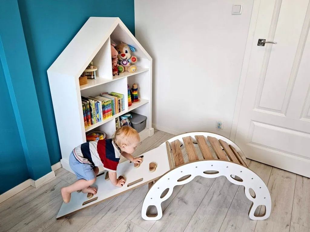 Kids Helper Montessori supynės su čiuožykla ir laipiojimo sienele BM-310, baltos/ąžuolo spalvos