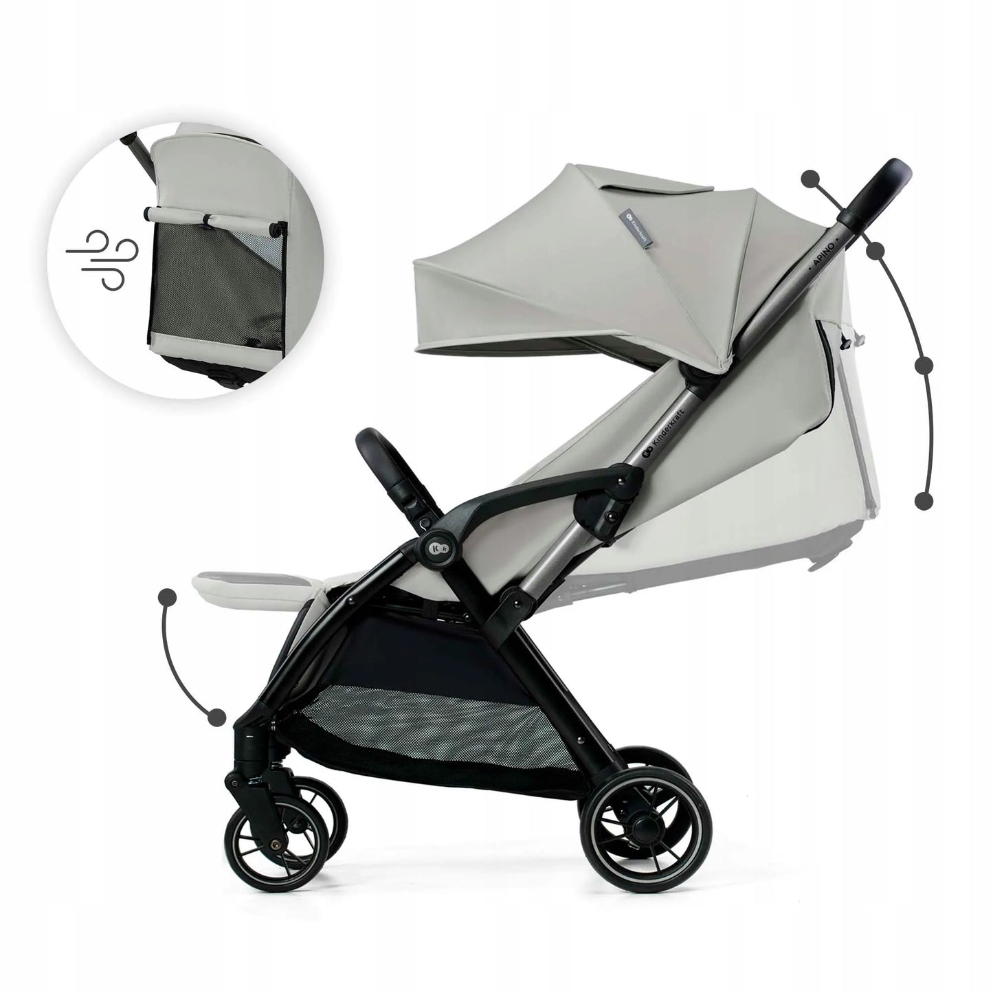 Kinderkraft APINO sportinis vežimėlis, 22 kg, lengvas, sulankstomas, pilkas