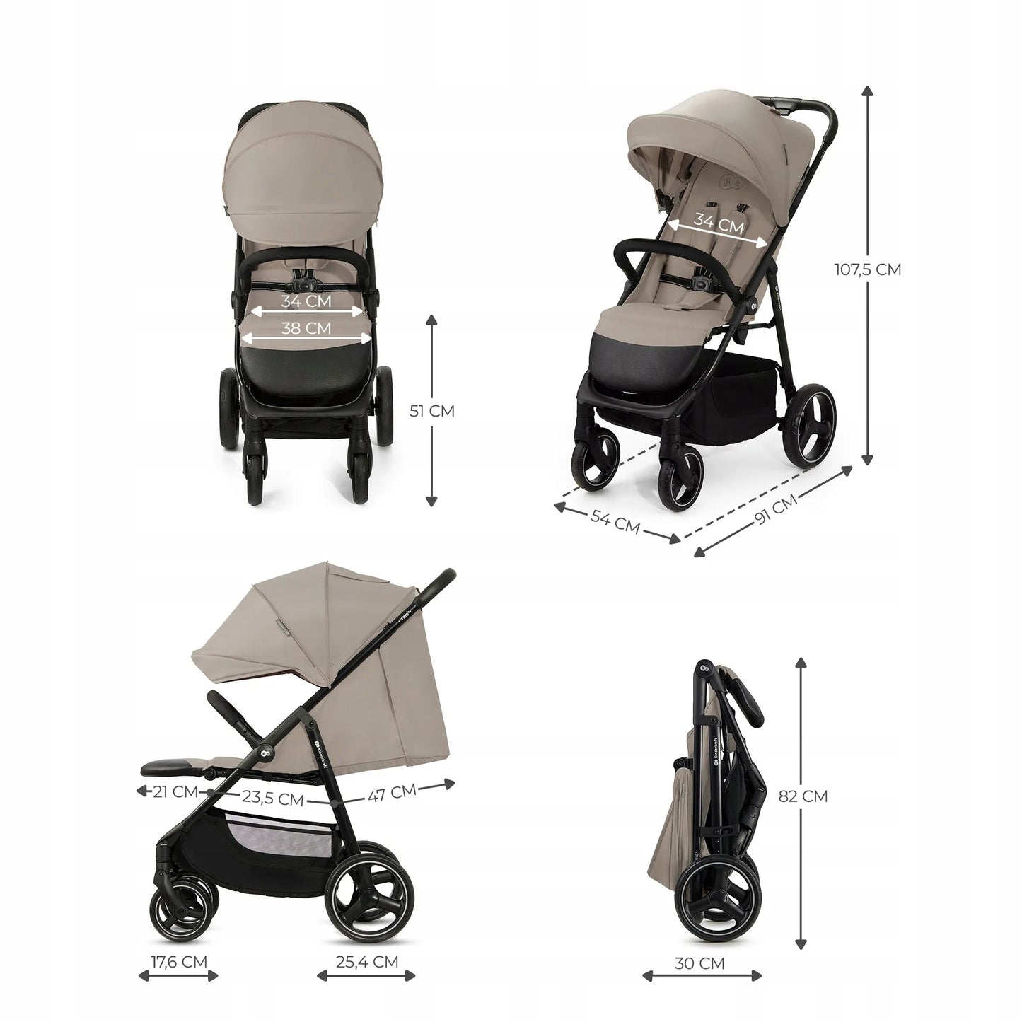 Kinderkraft sportinis vežimėlis TRIG 3, 22 kg, lengvas, Click&Fold, smėlio spalvos
