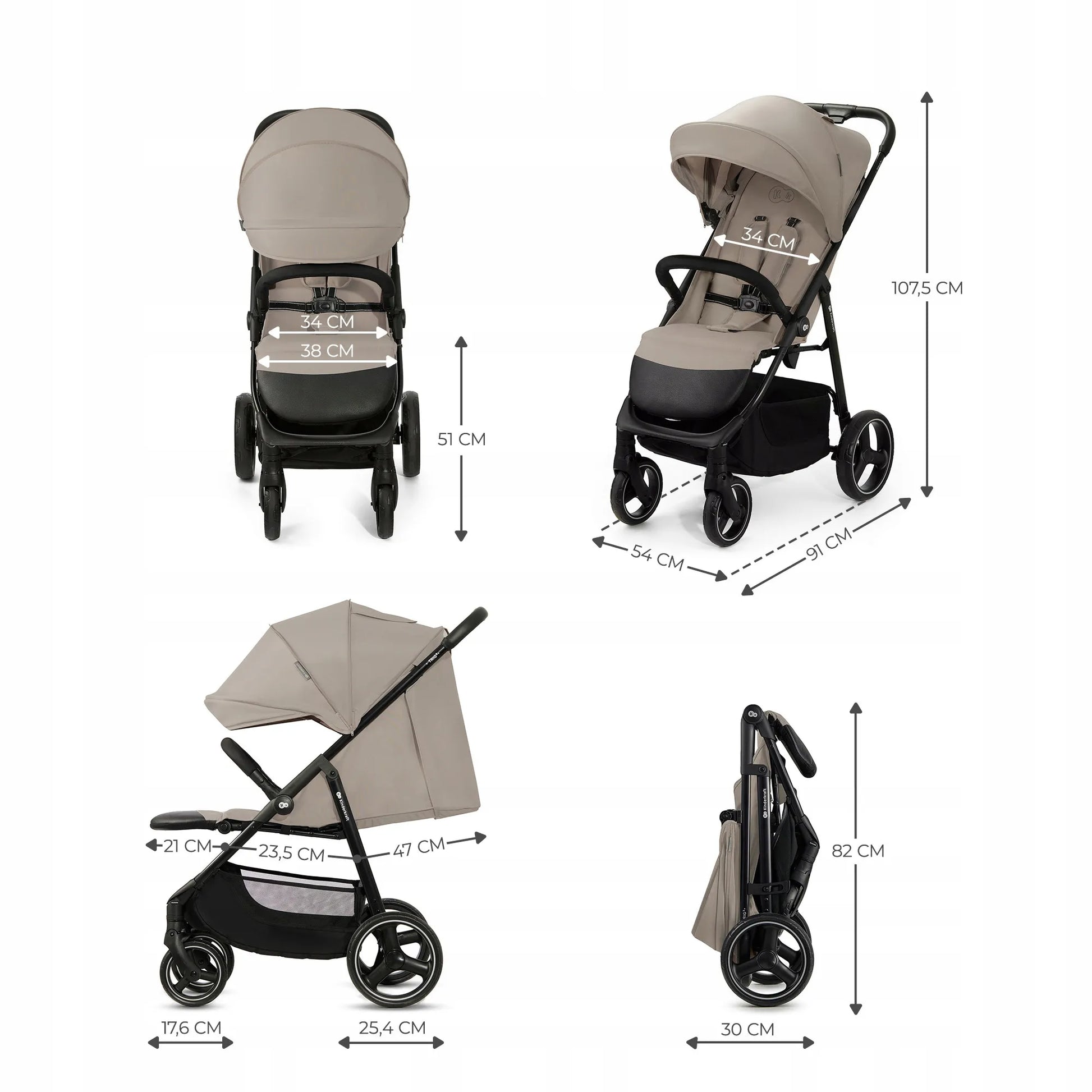 Kinderkraft sportinis vežimėlis TRIG 3, 22 kg, lengvas, Click&Fold, smėlio spalvos