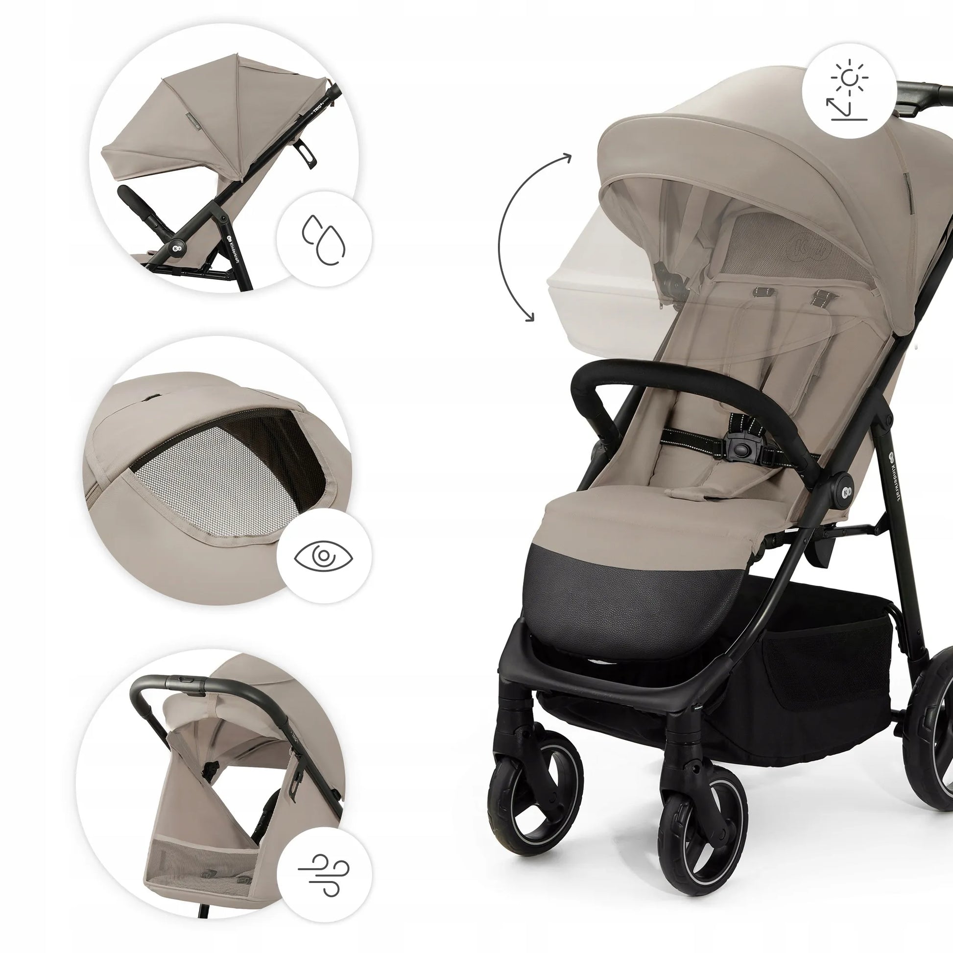 Kinderkraft sportinis vežimėlis TRIG 3, 22 kg, lengvas, Click&Fold, smėlio spalvos