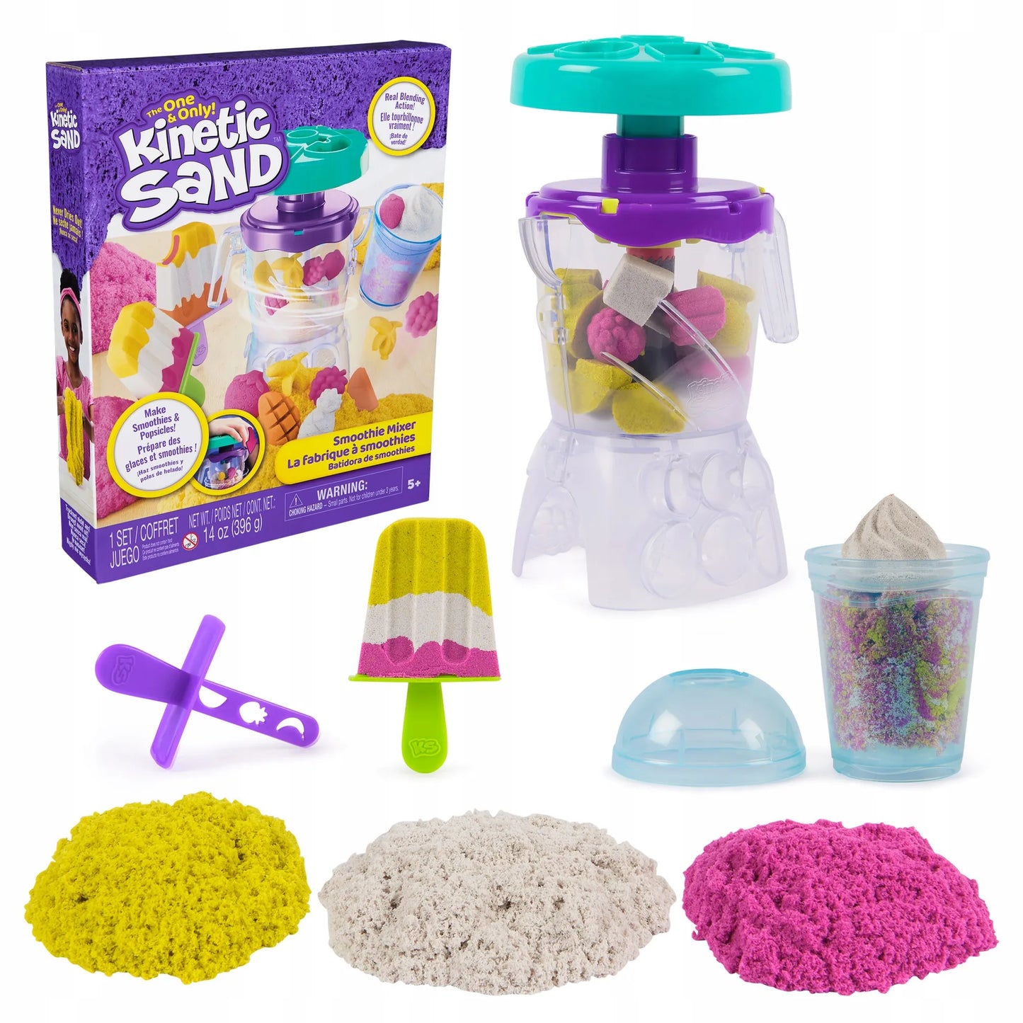 KINETIC SAND „Blender Mixer“ kokteilių ir ledų desertų rinkinys su 3 spalvomis, 18 formelių ir priedų