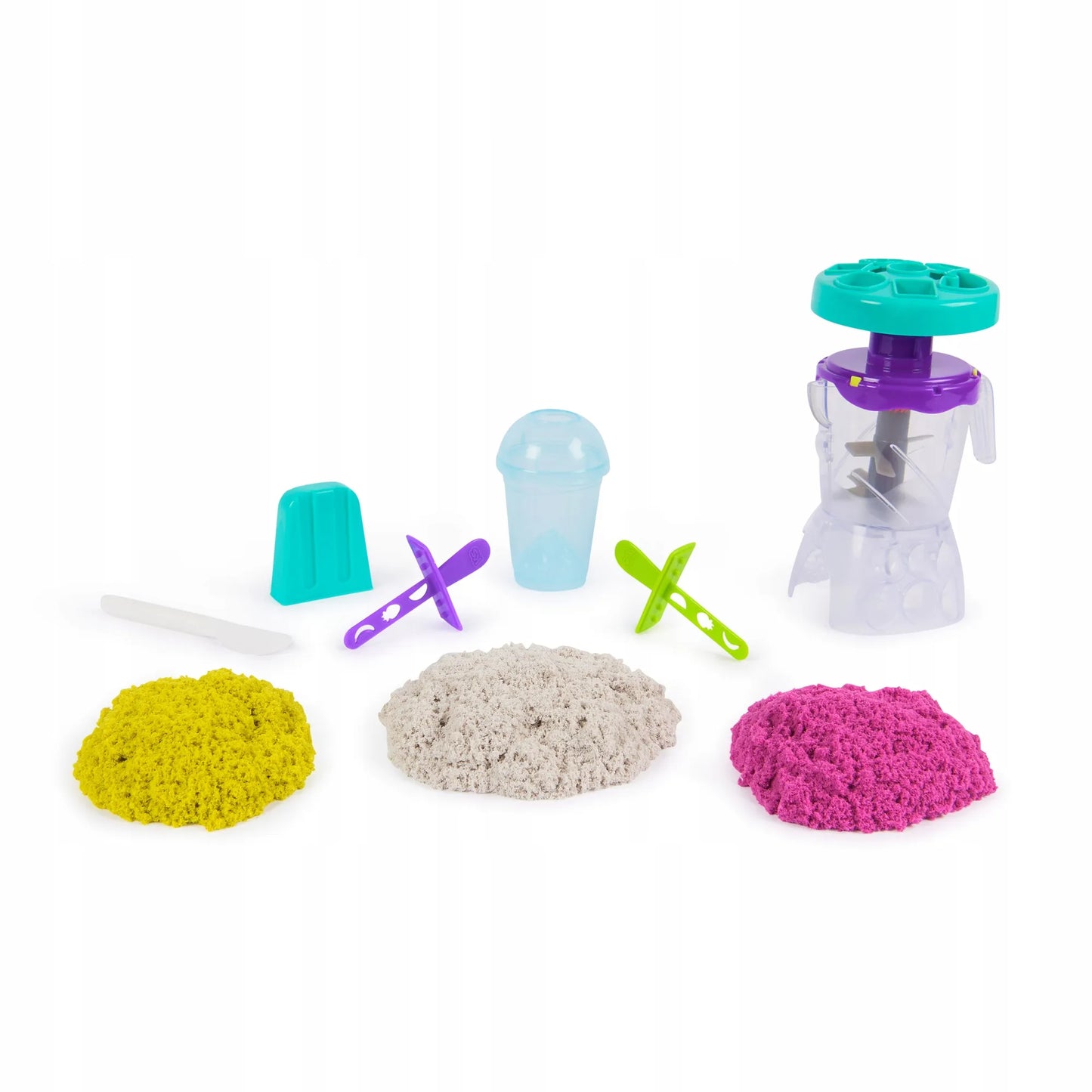KINETIC SAND „Blender Mixer“ kokteilių ir ledų desertų rinkinys su 3 spalvomis, 18 formelių ir priedų