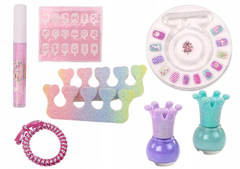 Kosmetikos rinkinys lagamine nagams ir makiažui violetinis 9 dalių