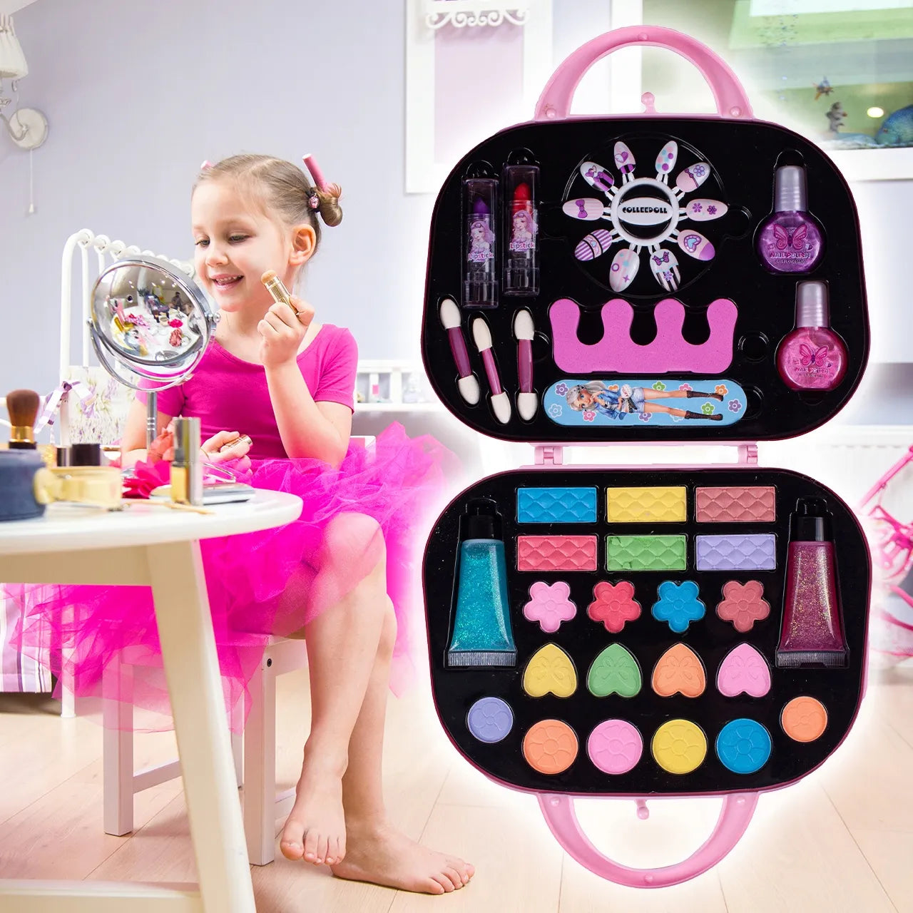Kosmetikos rinkinys rankinėje makiažui ir nagams vaikams