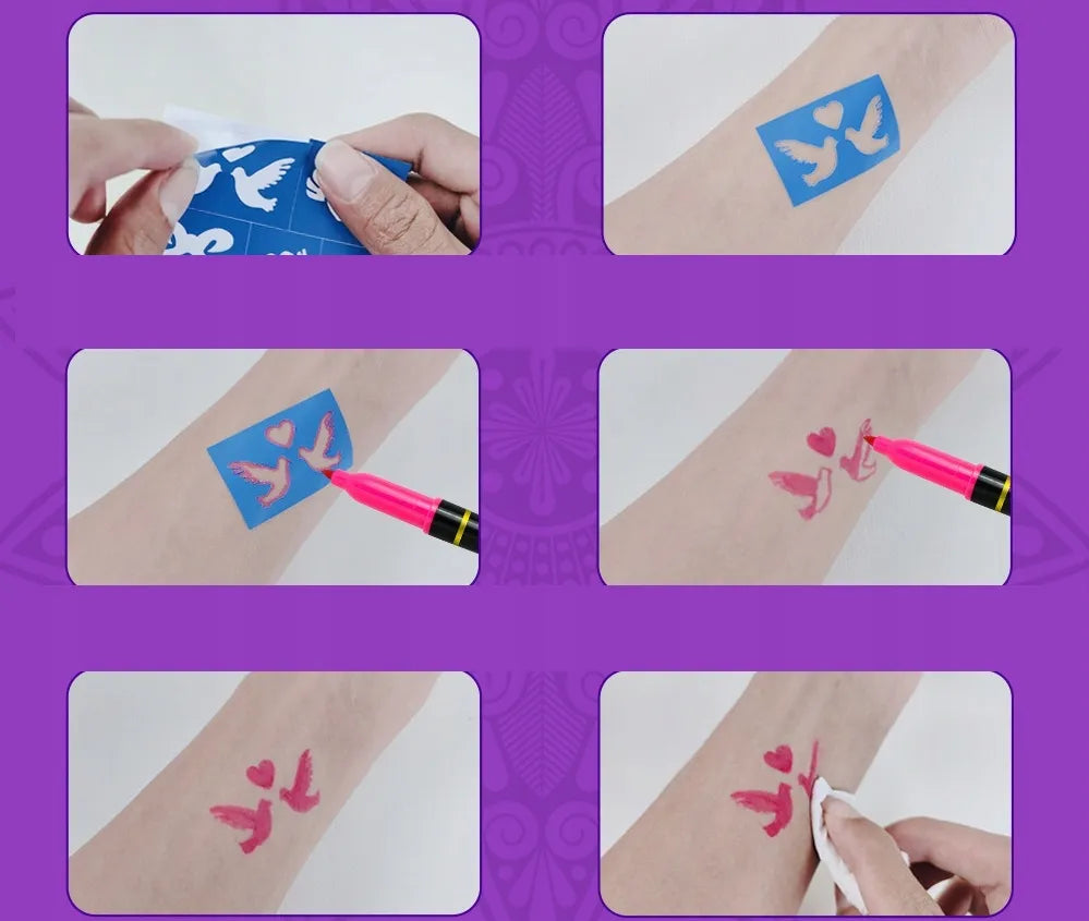 Laikinos tatuiruotės vaikams plaunamos tatuiruotės trafaretų rinkinys + 10x flomasteriai