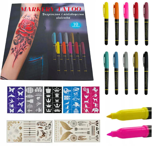Laikinos tatuiruotės vaikams plaunamos tatuiruotės trafaretų rinkinys + 10x flomasteriai