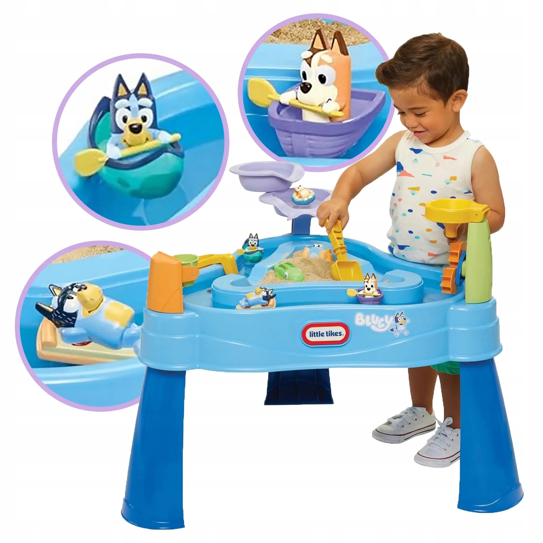 Little Tikes Bluey vandens stalas, smėlio dėžė su fontanu + figūrėlės