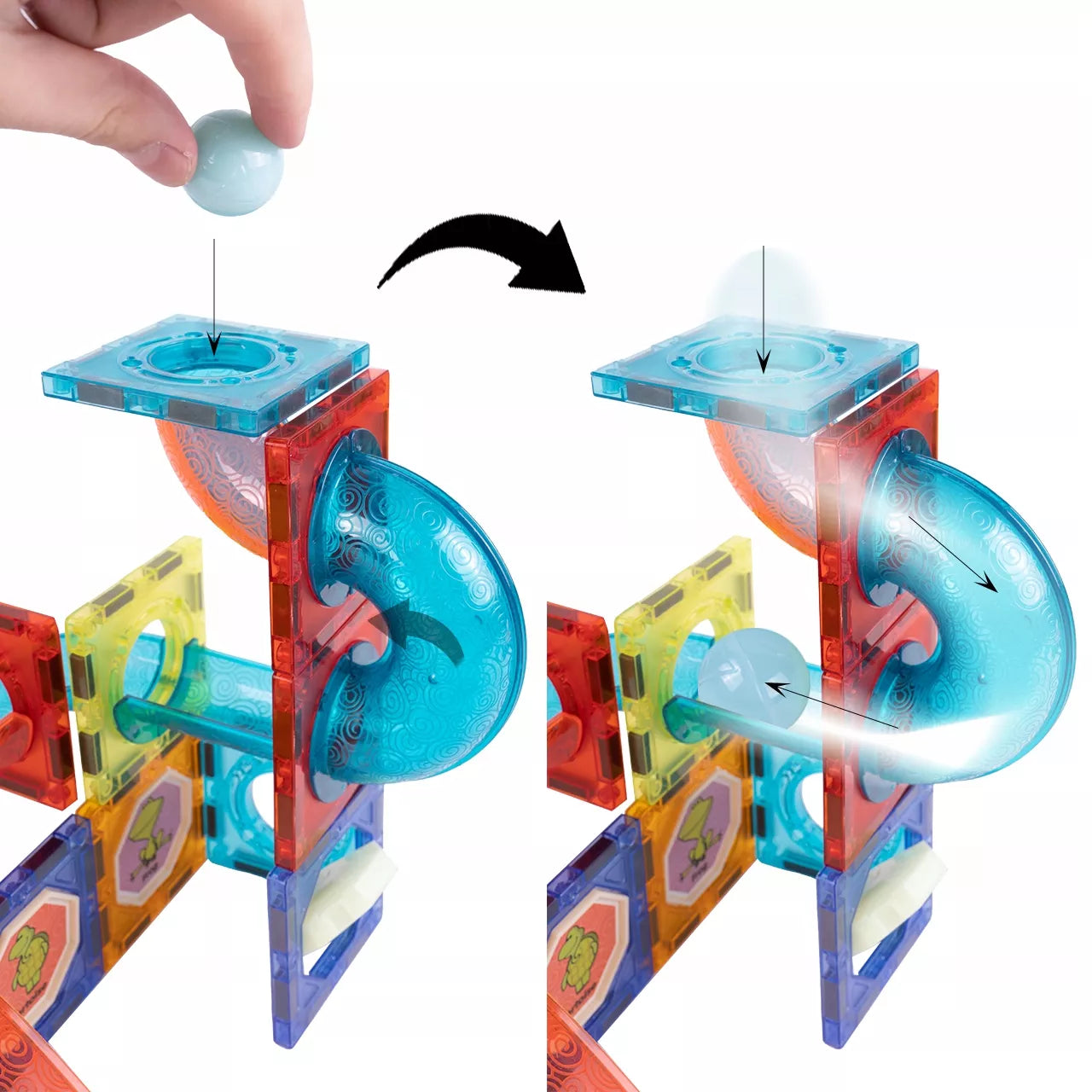 Magnetinės kaladėlės 3D konstruktorius su LED šviesomis ir rutuliukų trasa
