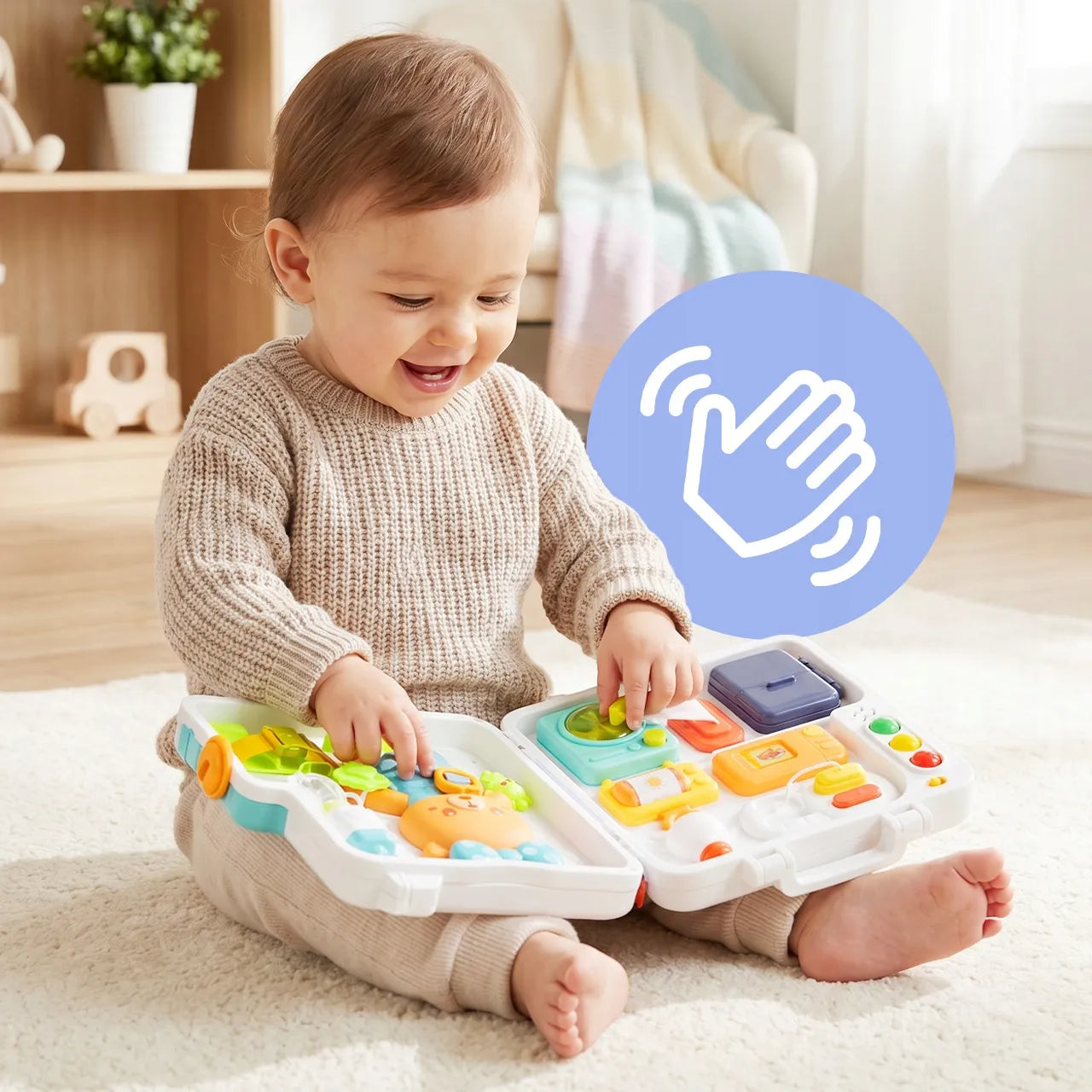 MalPlay edukacinė sensorinė manipuliacinė lenta-lagaminas Meškutis, 18 mėn.+