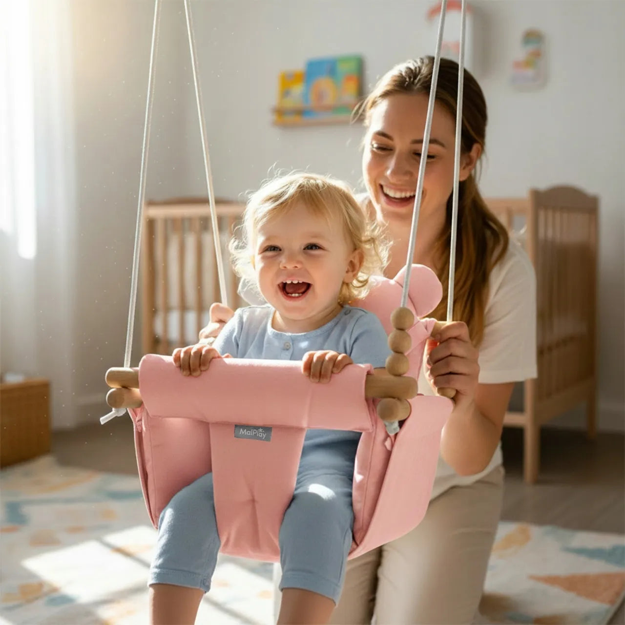 MalPlay medvilninės sūpynės kūdikiams su pagalvėlėmis ir saugos diržais 12–36 mėn. 60 kg
