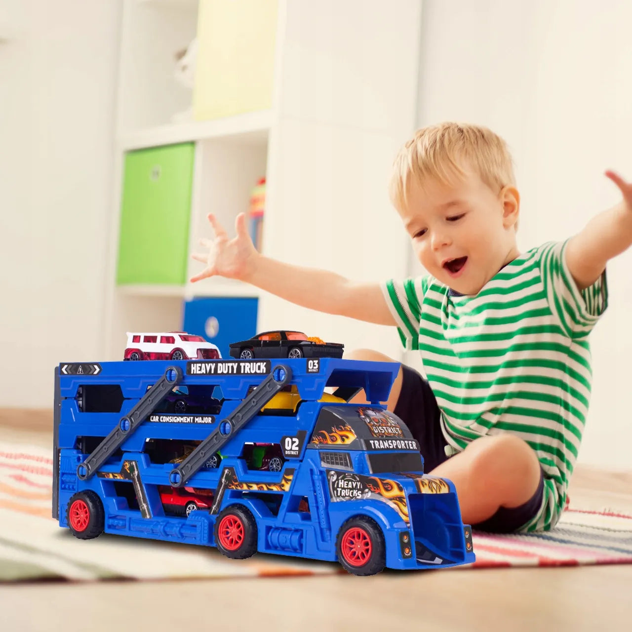 MalPlay Sunkvežimis autovežis su automobilių paleidimo mechanizmu ir 8 mašinėlių rinkiniu