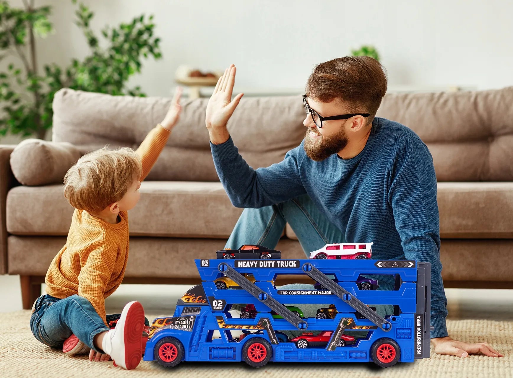 MalPlay Sunkvežimis autovežis su automobilių paleidimo mechanizmu ir 8 mašinėlių rinkiniu