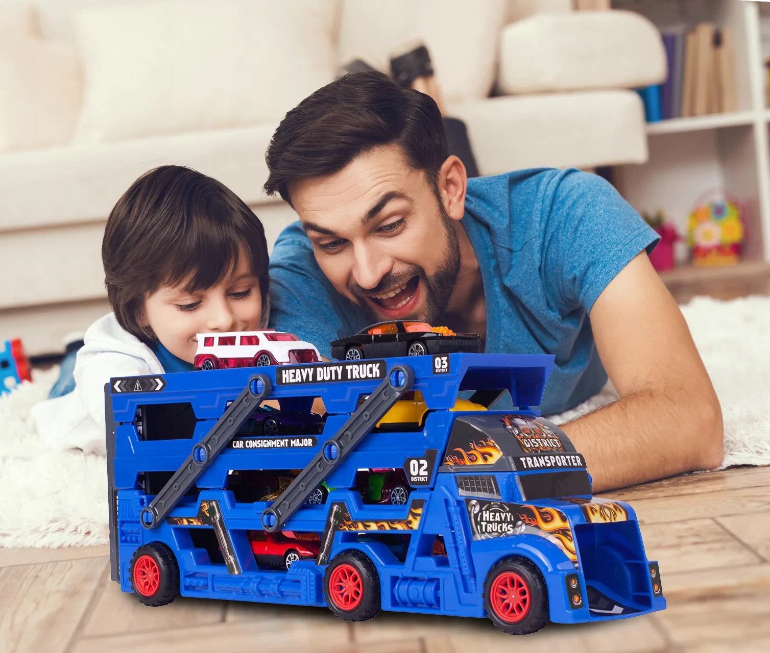 MalPlay Sunkvežimis autovežis su automobilių paleidimo mechanizmu ir 8 mašinėlių rinkiniu