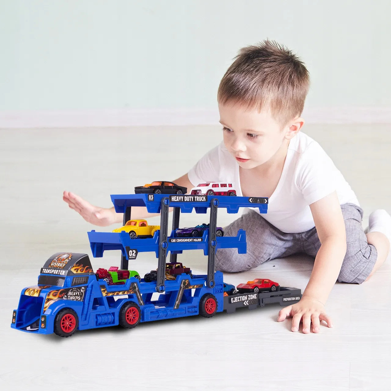MalPlay Sunkvežimis autovežis su automobilių paleidimo mechanizmu ir 8 mašinėlių rinkiniu