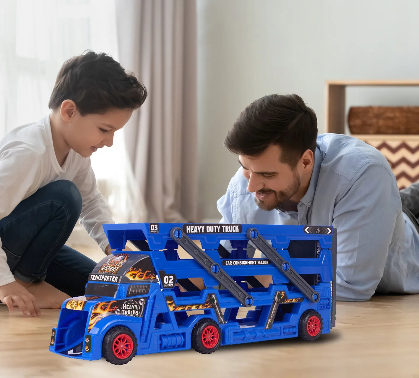 MalPlay Sunkvežimis autovežis su automobilių paleidimo mechanizmu ir 8 mašinėlių rinkiniu