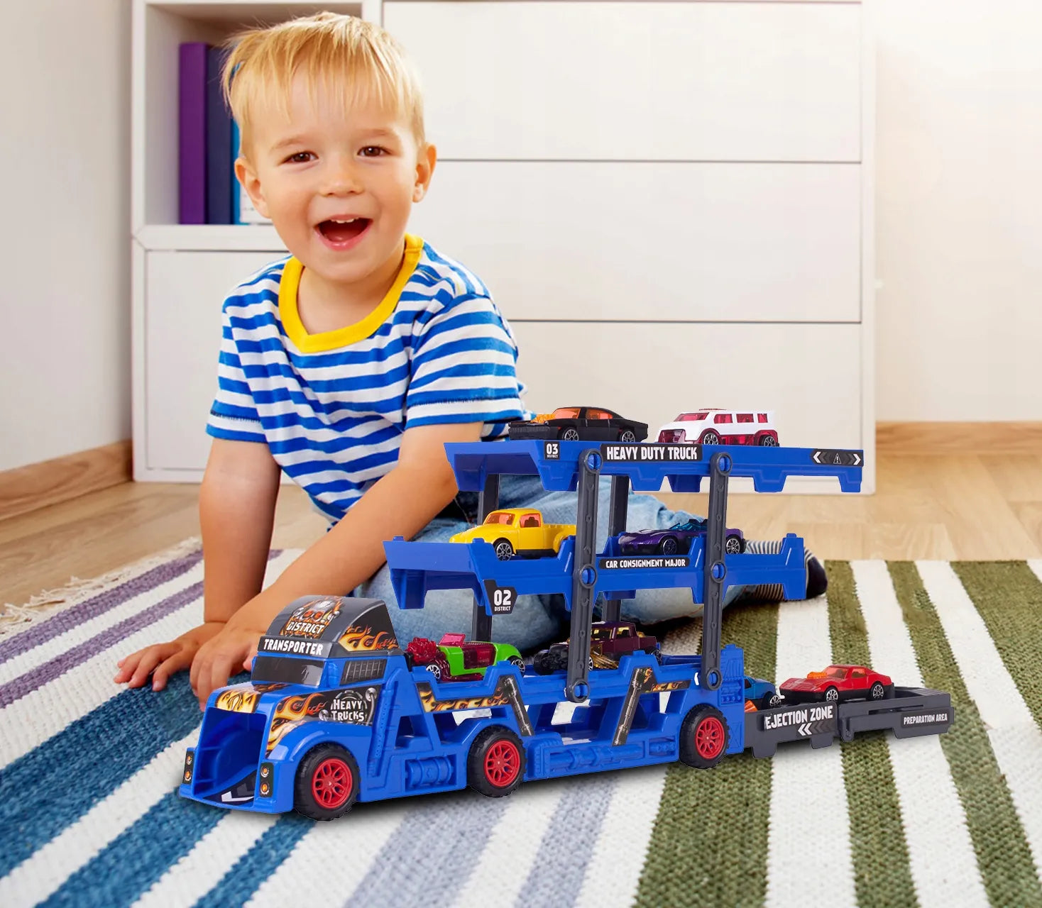 MalPlay Sunkvežimis autovežis su automobilių paleidimo mechanizmu ir 8 mašinėlių rinkiniu
