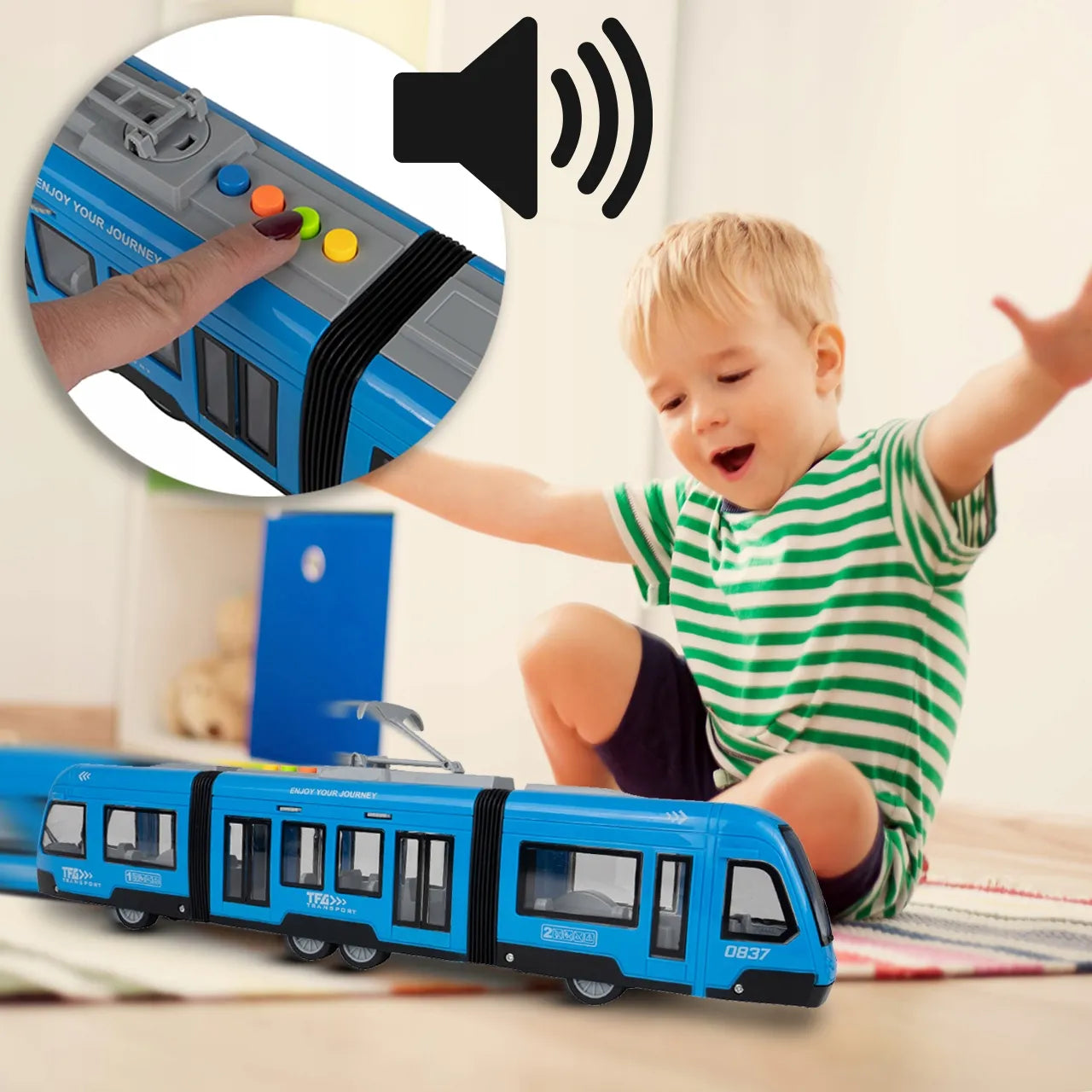 MalPlay tramvajus žaislas su garsais, šviesomis ir atidaromomis durimis