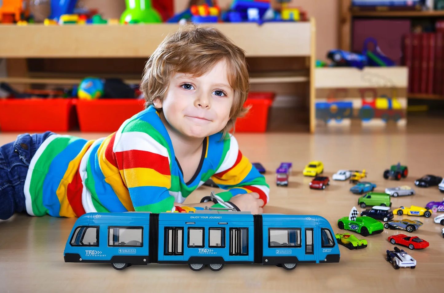 MalPlay tramvajus žaislas su garsais, šviesomis ir atidaromomis durimis