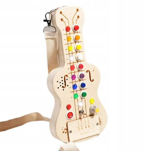 Medinė sensorinė LED gitara Montessori su jungikliais, švieselėmis ir žaidimais