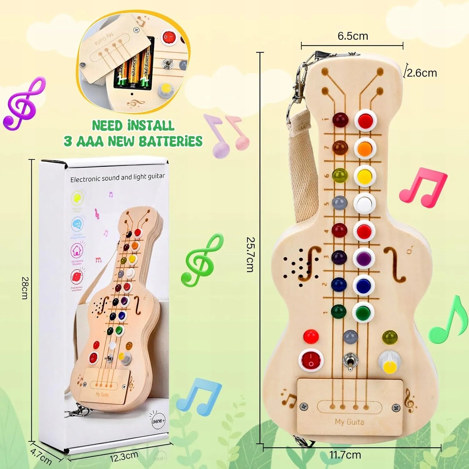 Medinė sensorinė LED gitara Montessori su jungikliais, švieselėmis ir žaidimais