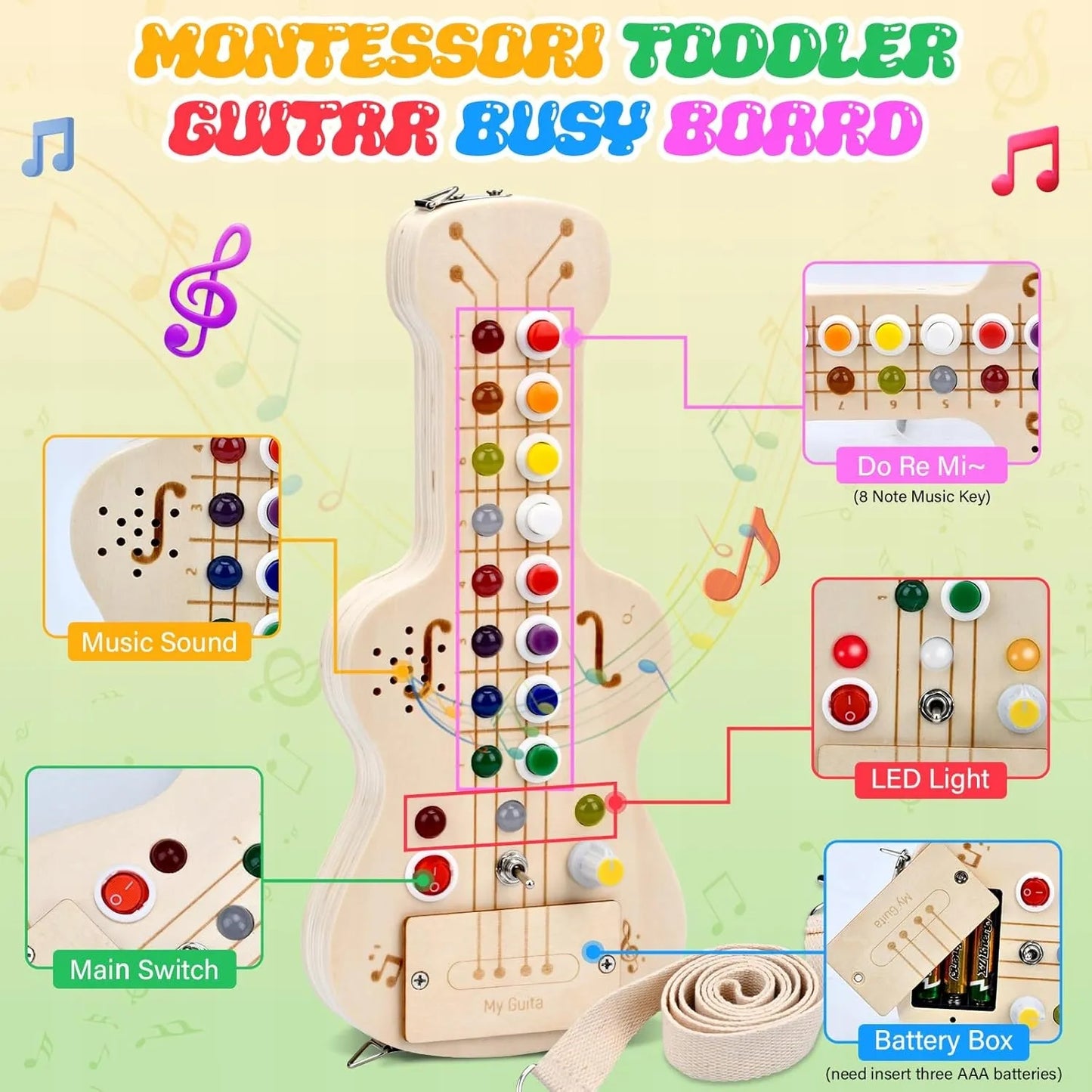 Medinė sensorinė LED gitara Montessori su jungikliais, švieselėmis ir žaidimais
