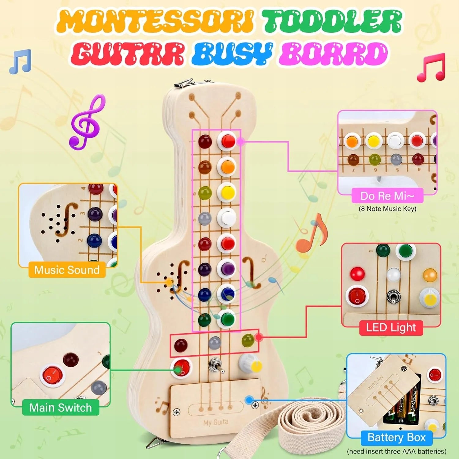 Medinė sensorinė LED gitara Montessori su jungikliais, švieselėmis ir žaidimais