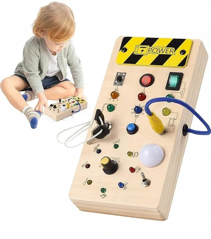 Medinė sensorinė manipuliacinė lenta su šviesos jungikliu Montessori LED