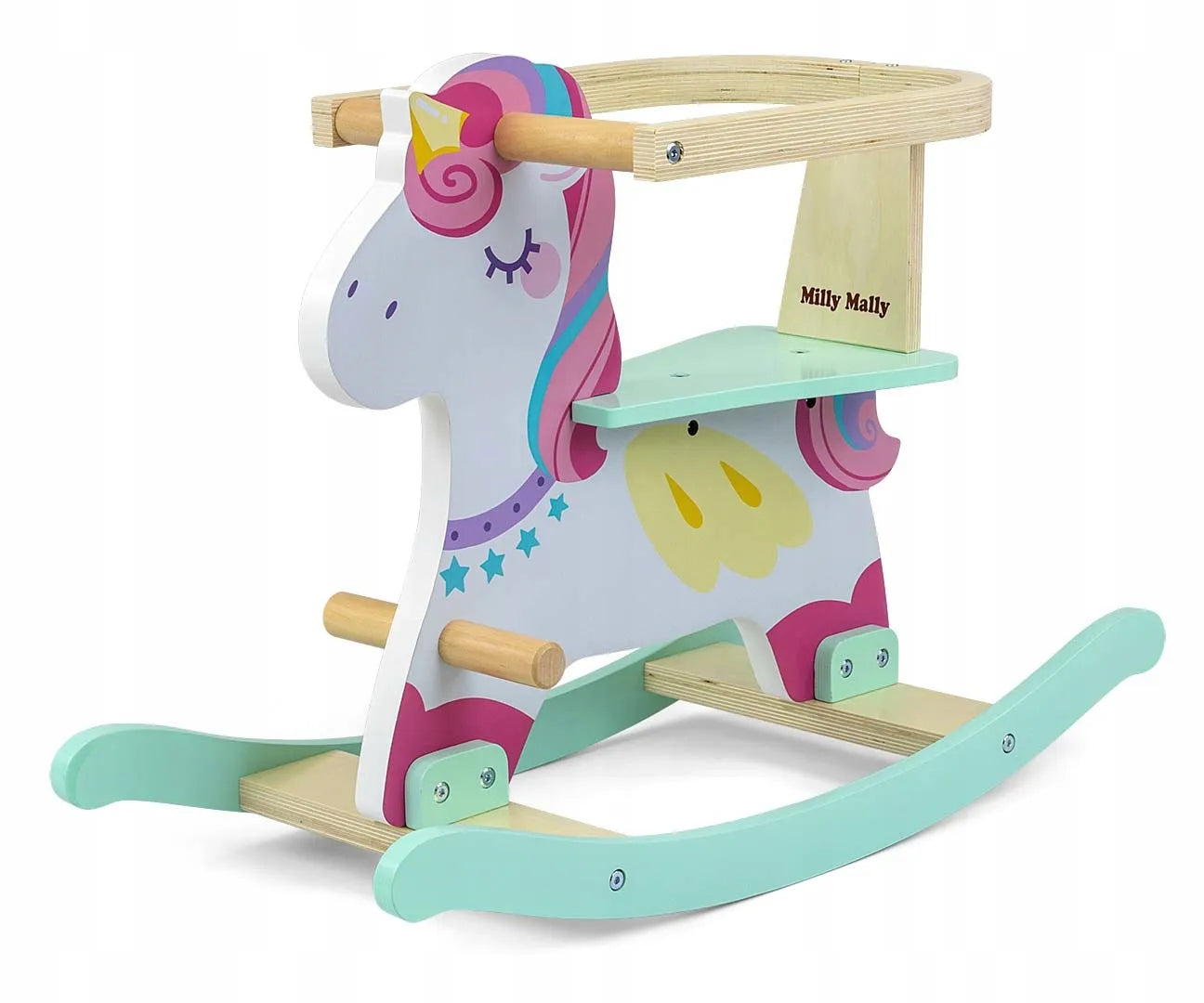 Medinis supamasis arkliukas su turėklais Lucky 12 - Unicorn Milly Mally