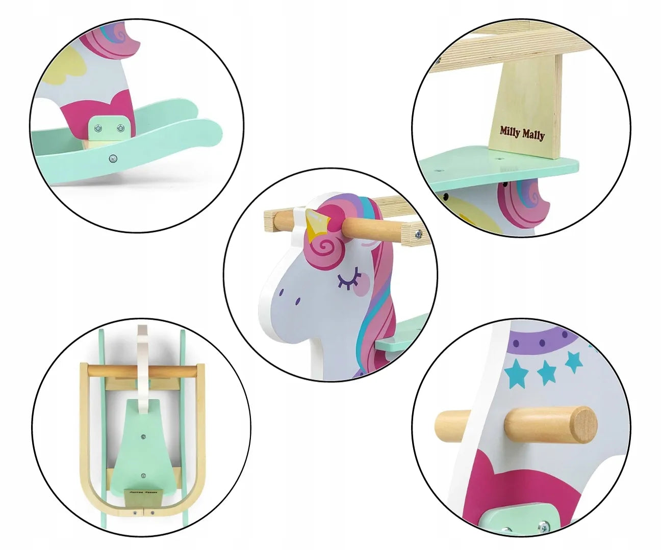 Medinis supamasis arkliukas su turėklais Lucky 12 - Unicorn Milly Mally