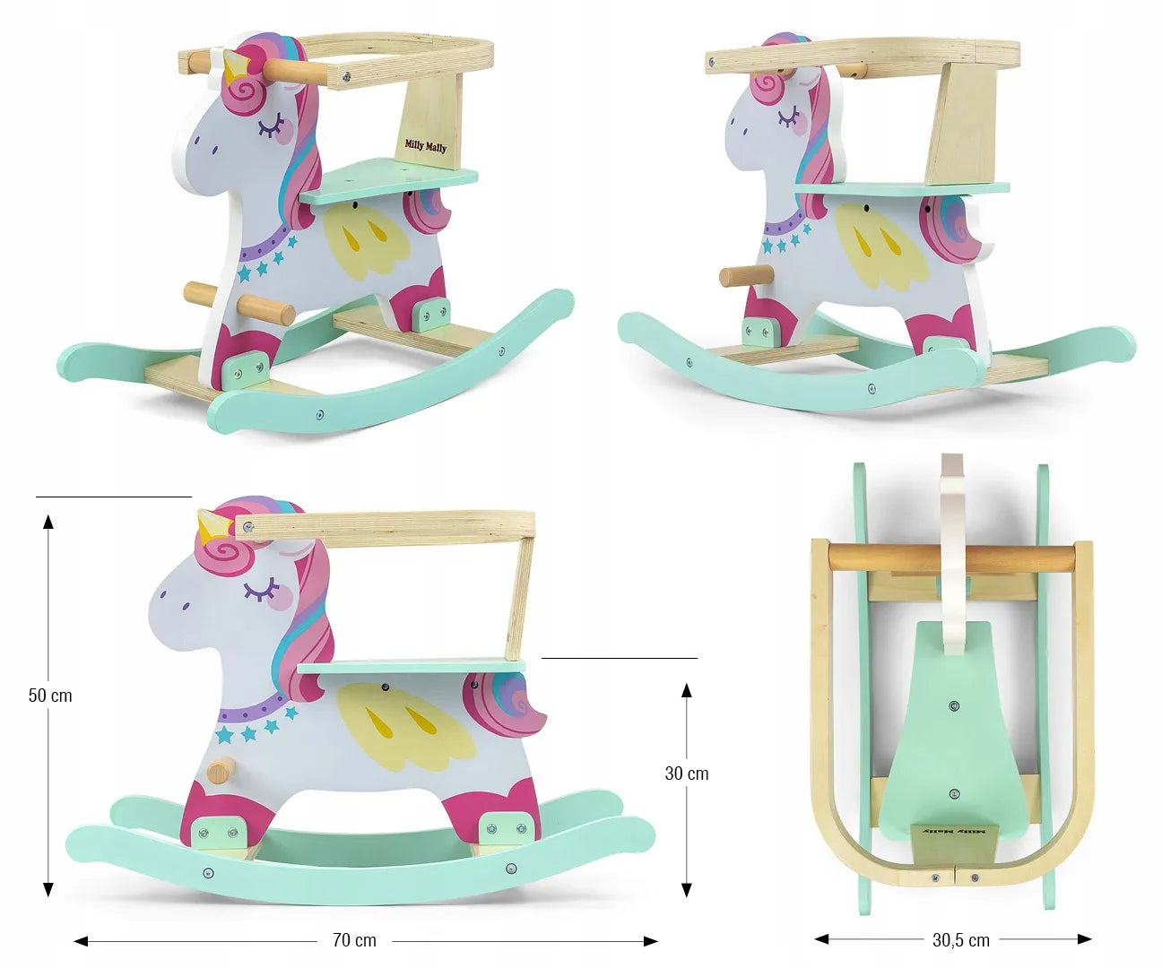 Medinis supamasis arkliukas su turėklais Lucky 12 - Unicorn Milly Mally