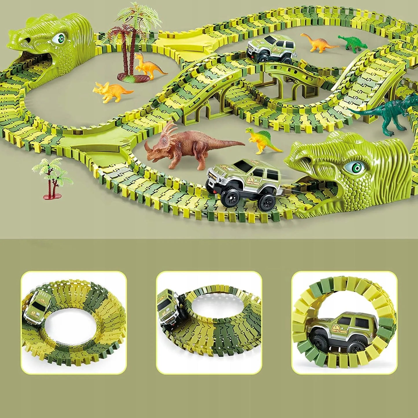MEGA LENKTYNIŲ TRASA DINOZAUR PARK MAGIC TRACK, AUTOMOBILIUKAS, KONSTRUKCINIS RINKINYS 270 EL.