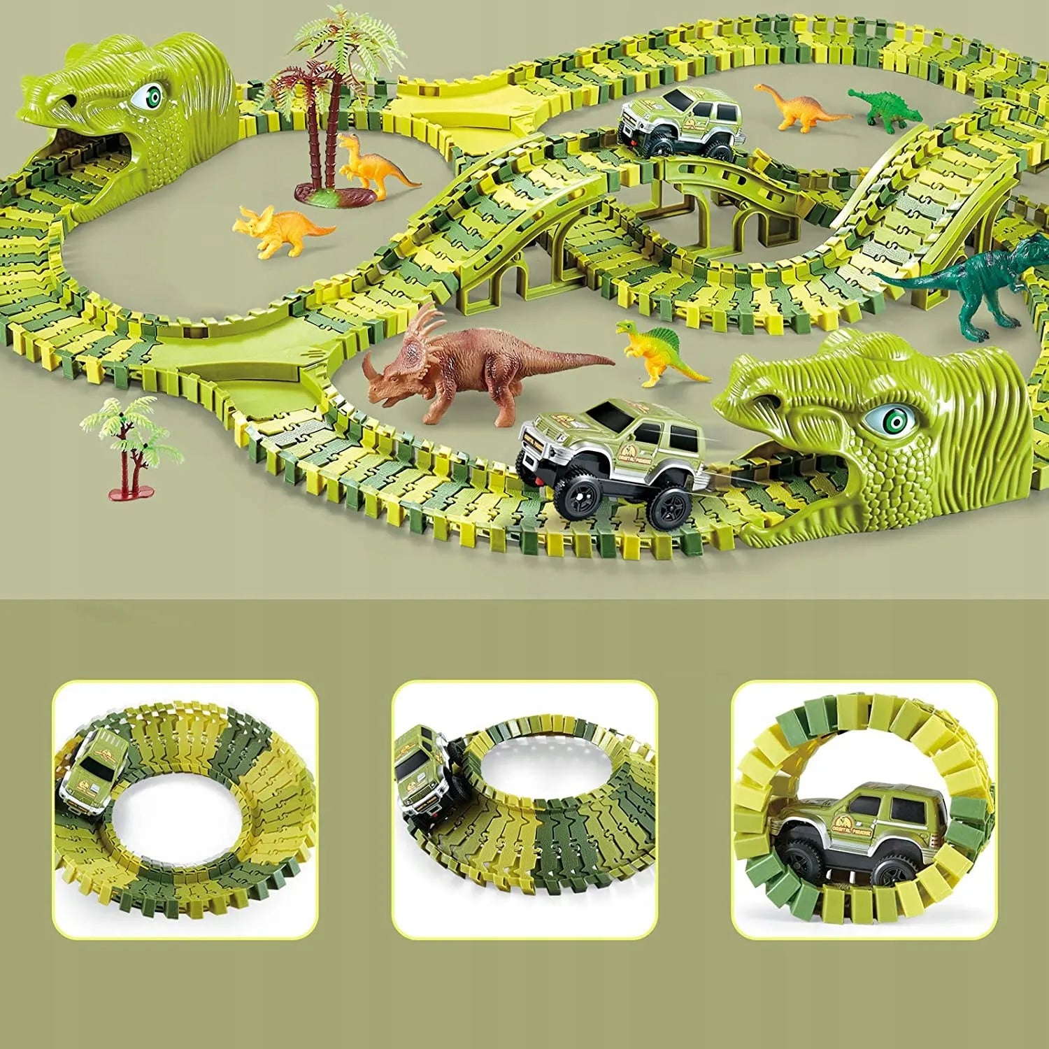 MEGA LENKTYNIŲ TRASA DINOZAUR PARK MAGIC TRACK, AUTOMOBILIUKAS, KONSTRUKCINIS RINKINYS 270 EL.