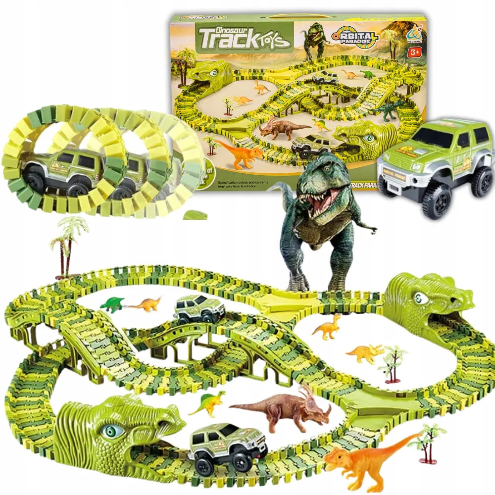 MEGA LENKTYNIŲ TRASA DINOZAUR PARK MAGIC TRACK, AUTOMOBILIUKAS, KONSTRUKCINIS RINKINYS 270 EL.