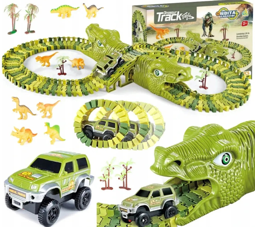 MEGA LENKTYNIŲ TRASA DINOZAUR PARK MAGIC TRACK, AUTOMOBILIUKAS, KONSTRUKCINIS RINKINYS 270 EL.