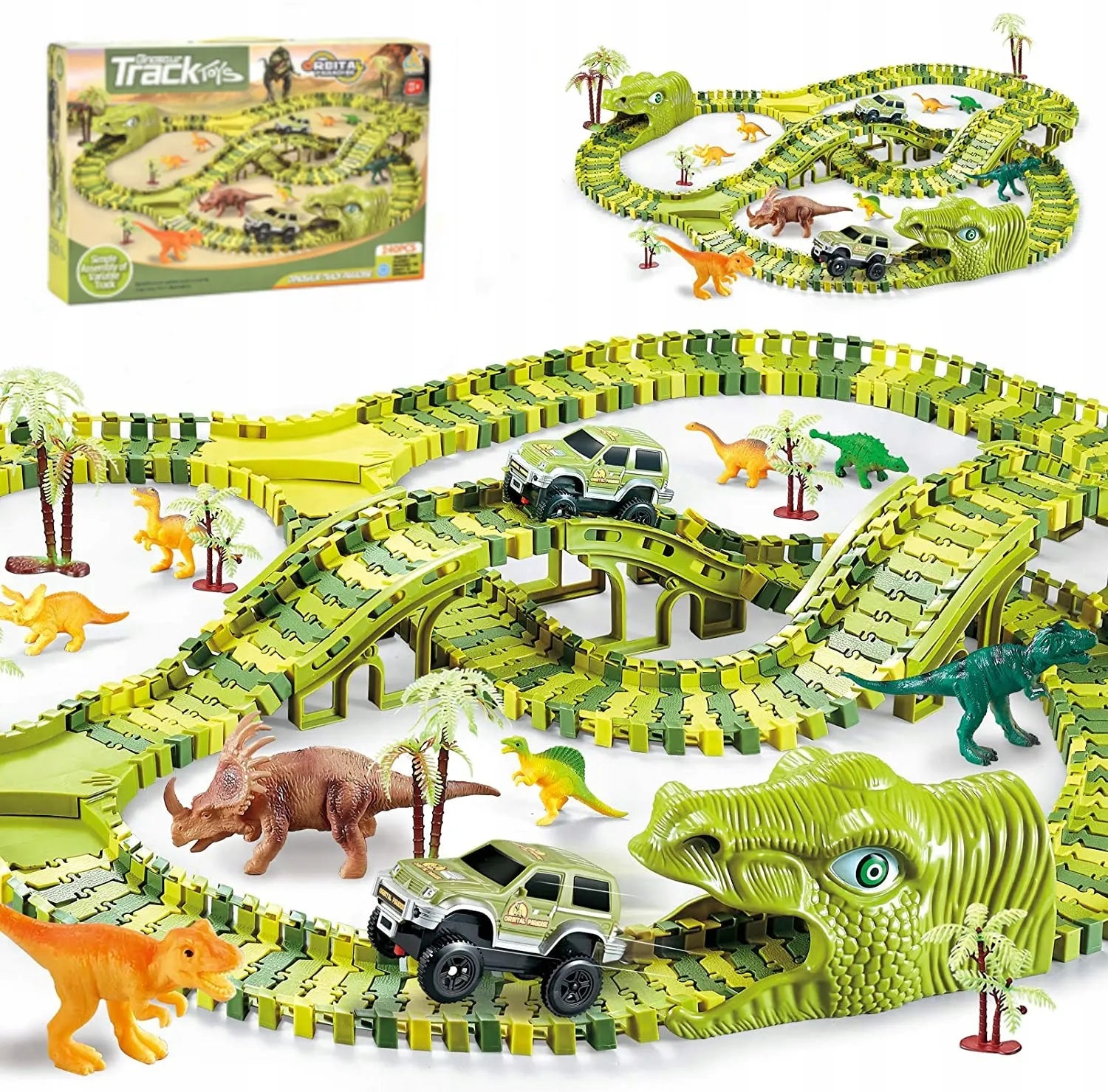 MEGA LENKTYNIŲ TRASA DINOZAUR PARK MAGIC TRACK, AUTOMOBILIUKAS, KONSTRUKCINIS RINKINYS 270 EL.