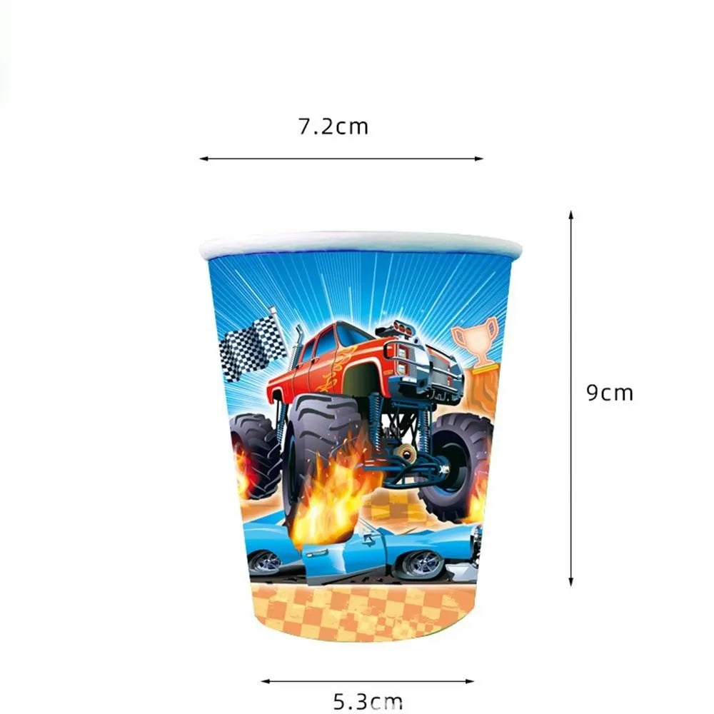 Monster Truck gimtadienio rinkinys 42 vnt. lėkštės, stiklinės, plakatas, staltiesė vakarėliui
