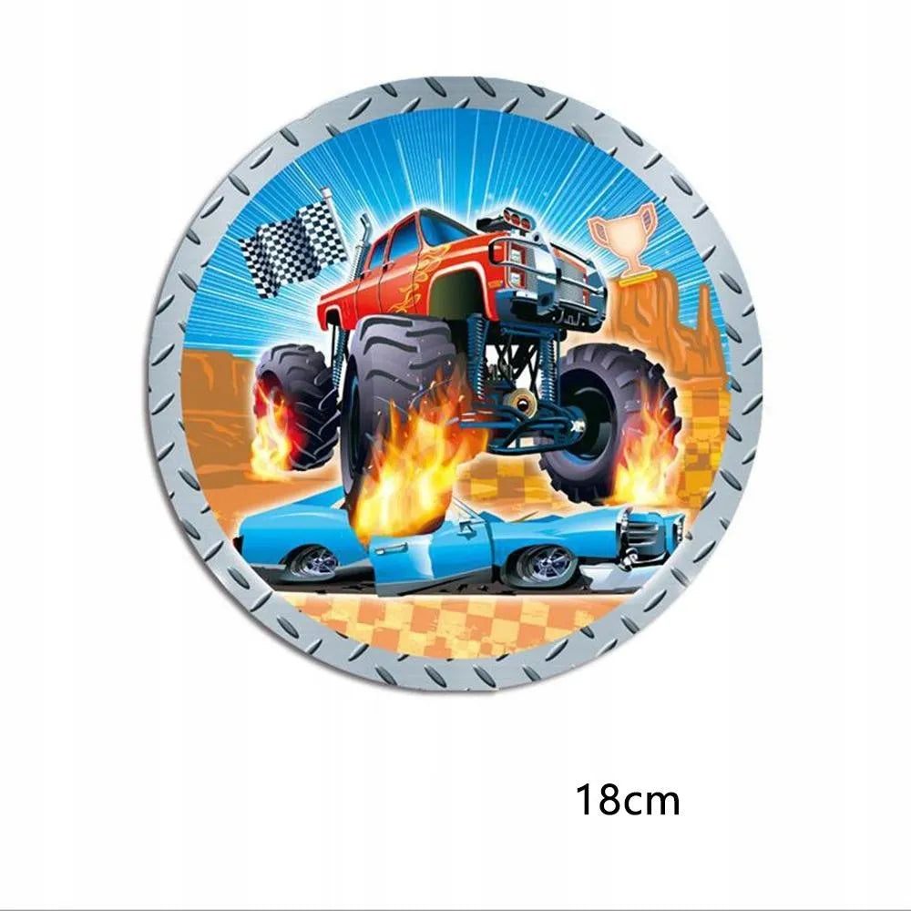 Monster Truck gimtadienio rinkinys 42 vnt. lėkštės, stiklinės, plakatas, staltiesė vakarėliui